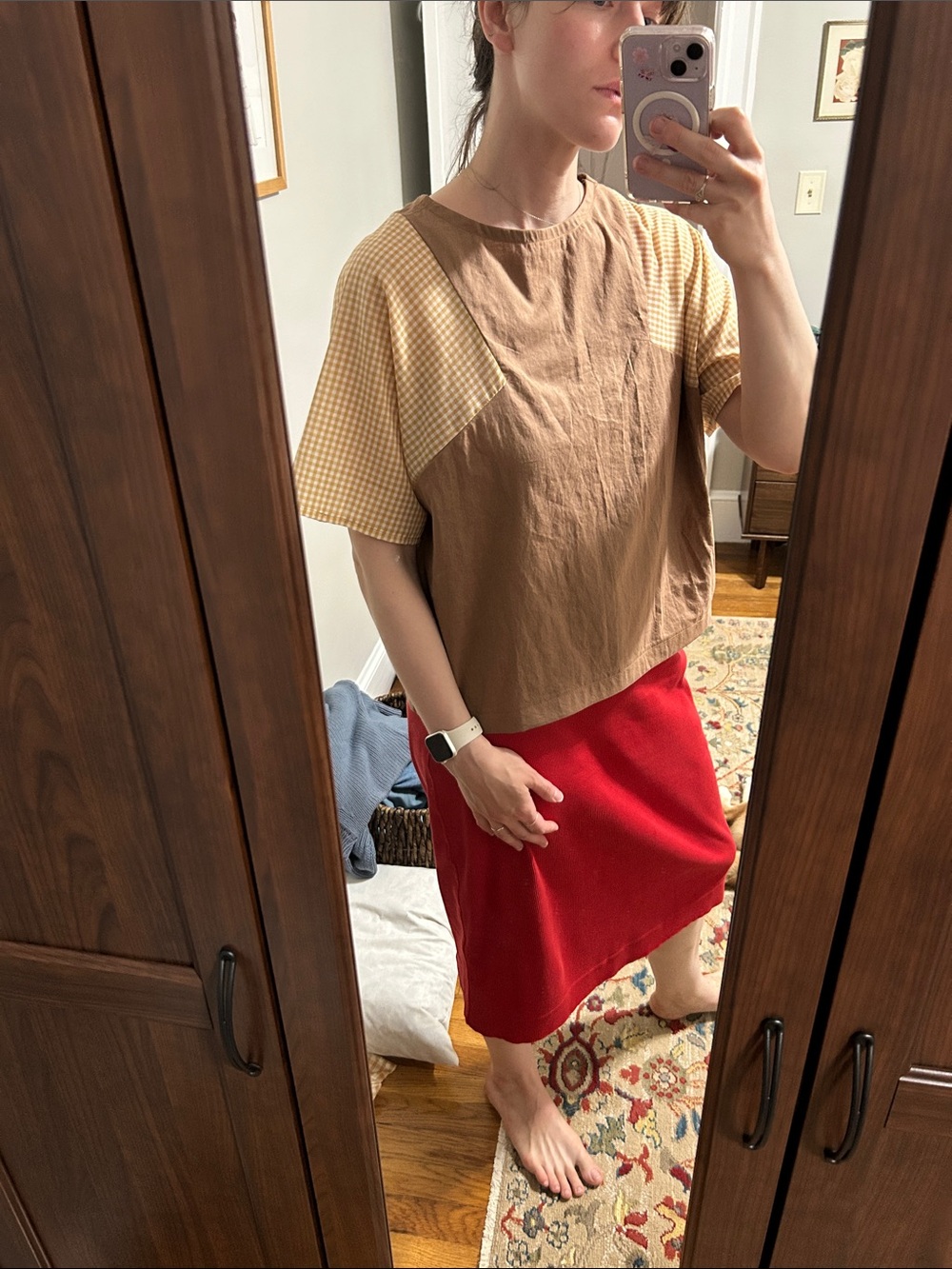Handmade Brown and Yellow Gingham Sleeve Women's Top